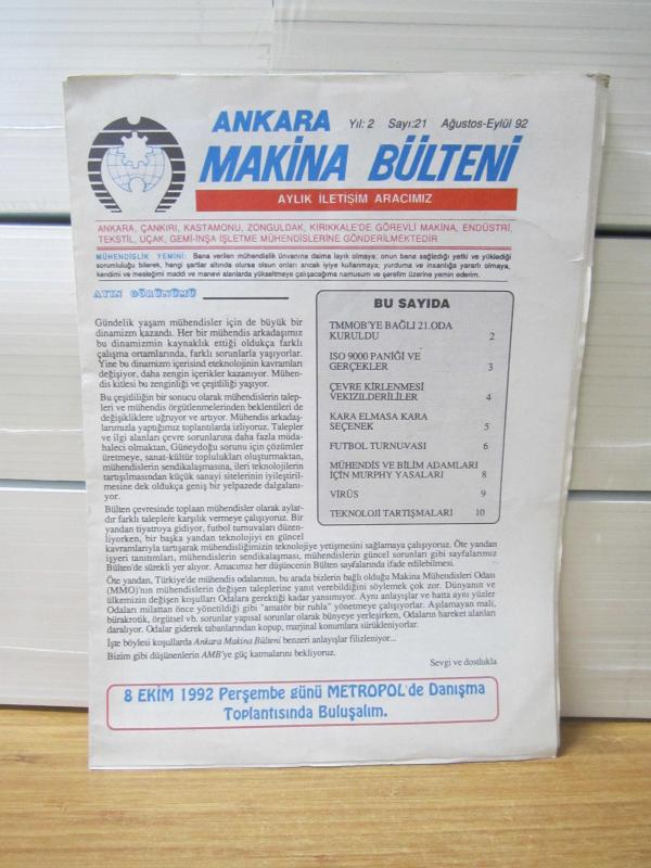 Ankara Makina Bülteni - Yıl 2 Sayı 21 - Ağustos Eylül 1992