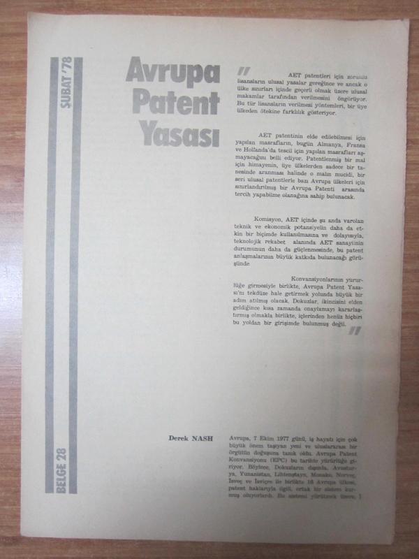 Avrupa Topluluğu Dergisi - Şubat '78 - BELGE 28: Avrupa Patent Yasası / Derek Nash