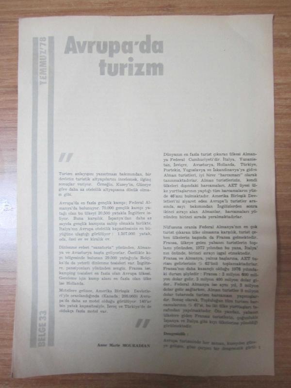 Avrupa Topluluğu Dergisi - Temmuz '78 - BELGE 33: Avrupa'da Turizm / Anne Marie Mouradian