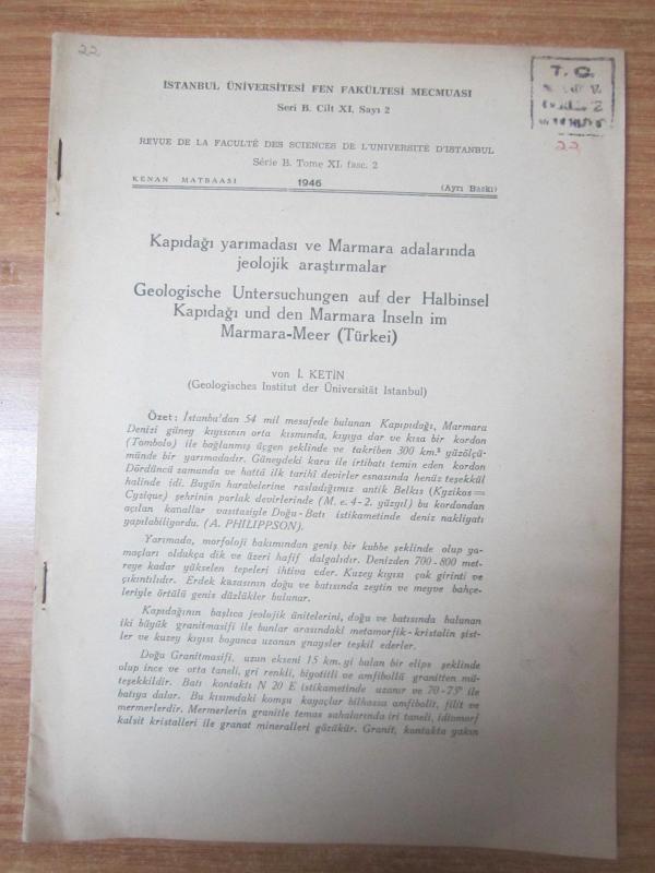 İstanbul Üniversitesi Fen Fakültesi Mecmuası Seri B Cilt XI Sayı 2 (Ayrı Baskı) 1946 - İ. KETİN