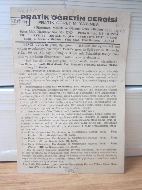 Pratik Öğretim Dergisi Pratik Öğretim Yayınevi - Yıl 1 Sayı 1 - Ağustos 1970