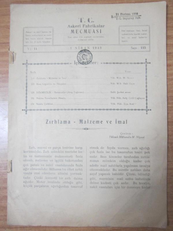 T.C. Askeri Fabrikalar Mecmuası - Sayı 115 - Nisan 1943