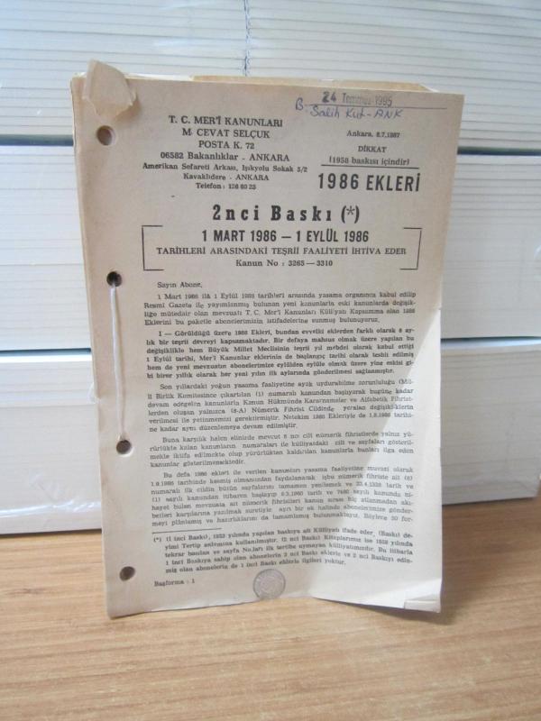 T.C. Mer'i Kanunları - 1986 Ekleri 2nci Baskı 1 Mart 1986 - 1 Eylül 1986 Tarihleri Arasındaki Teşrii Faaliyeti İhtiva Eder Kanun No: 3265-3310