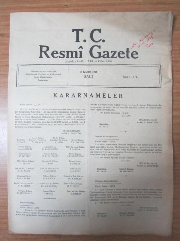 T.C. RESMİ GAZETE - 13 KASIM 1973 SALI - SAYI: 14711